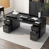 70 inch classic and traditional executive desk with metal trim, writing desk with 2 file drawers, USB ports, and sockets, black - V.I.P Digital Presence