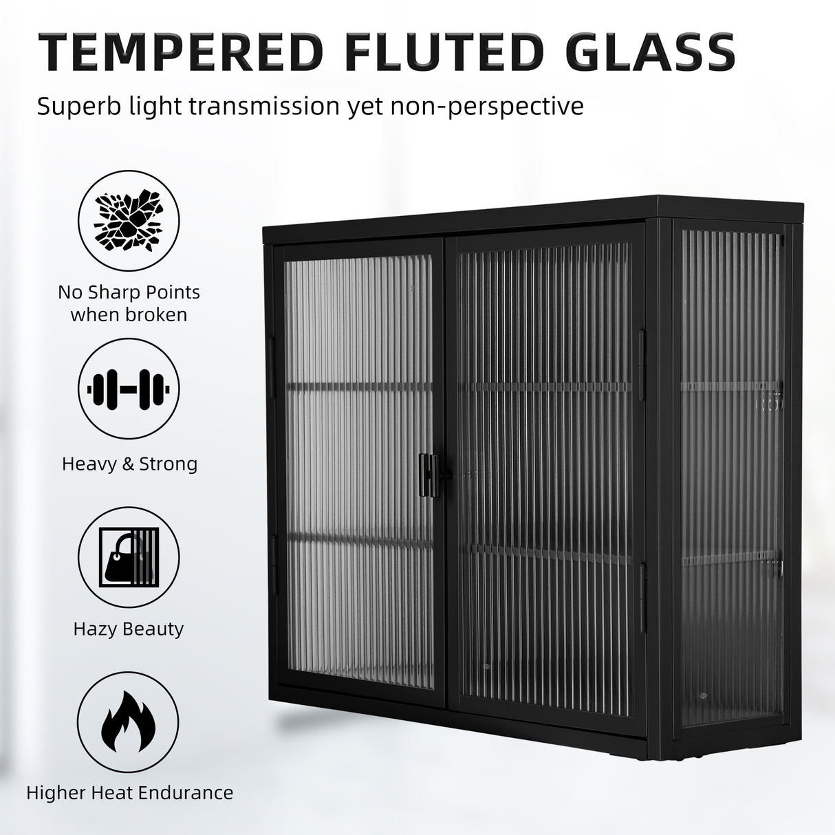 Retro Style Haze Double Glass Door Wall Cabinet With Detachable Shelves for Office Dining Room Living Room