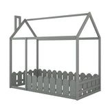 {Slats are not included}Twin Size Wood Bed House Bed Frame with Fence for Kids Teens Girls Boys {Gray}