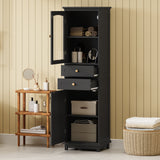 Tall Bathroom Storage Cabinet with Glass Doors, Free-Standing, Two Drawers, and Adjustable Shelves, MDF Board, Painted Black - V.I.P Digital Presence