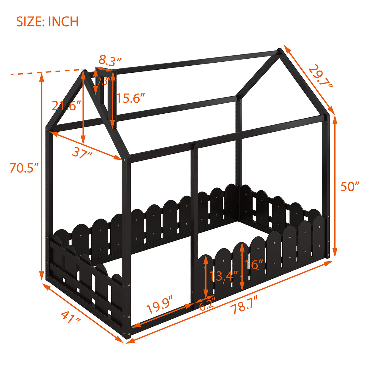 {Slats are not included}Twin Size Wood Bed House Bed Frame with Fence for KidsTeens Girls Boys