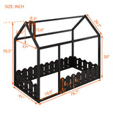 {Slats are not included}Twin Size Wood Bed House Bed Frame with Fence for KidsTeens Girls Boys