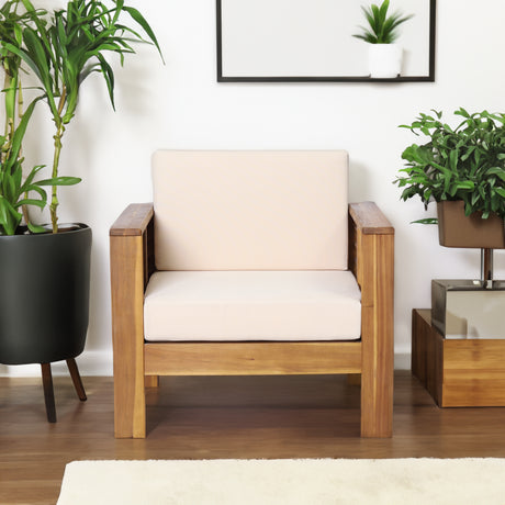 ( Set of 2) Outdoor Acacia Wood Club Chairs with Cushions, Teak+Beige, 27.75"D x 32"W x 27.75"H - V.I.P Digital Presence