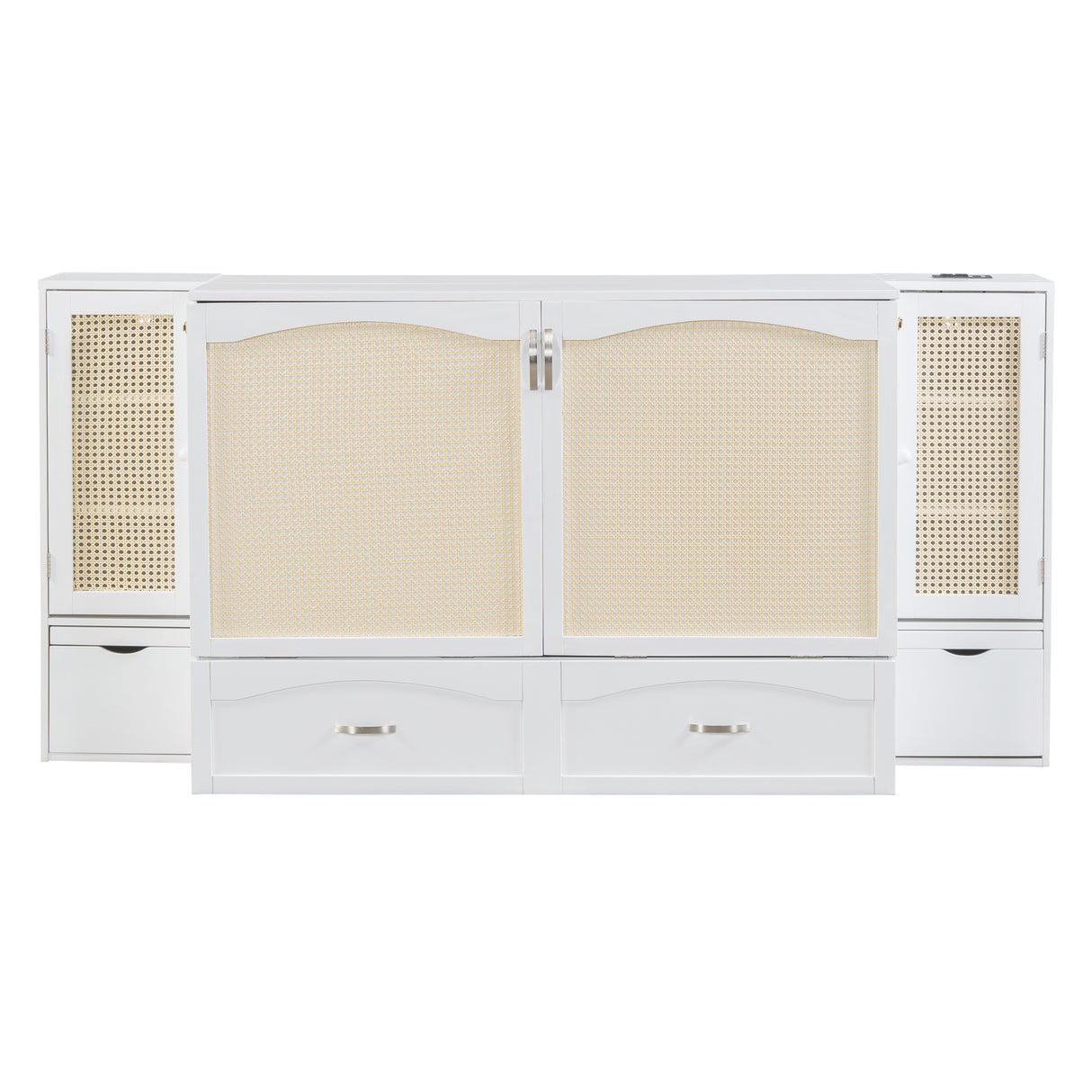 Large Murphy bed wall mounted bed with drawers, 2 storage cabinets, 1 set of sockets and USB ports, white - V.I.P Digital Presence