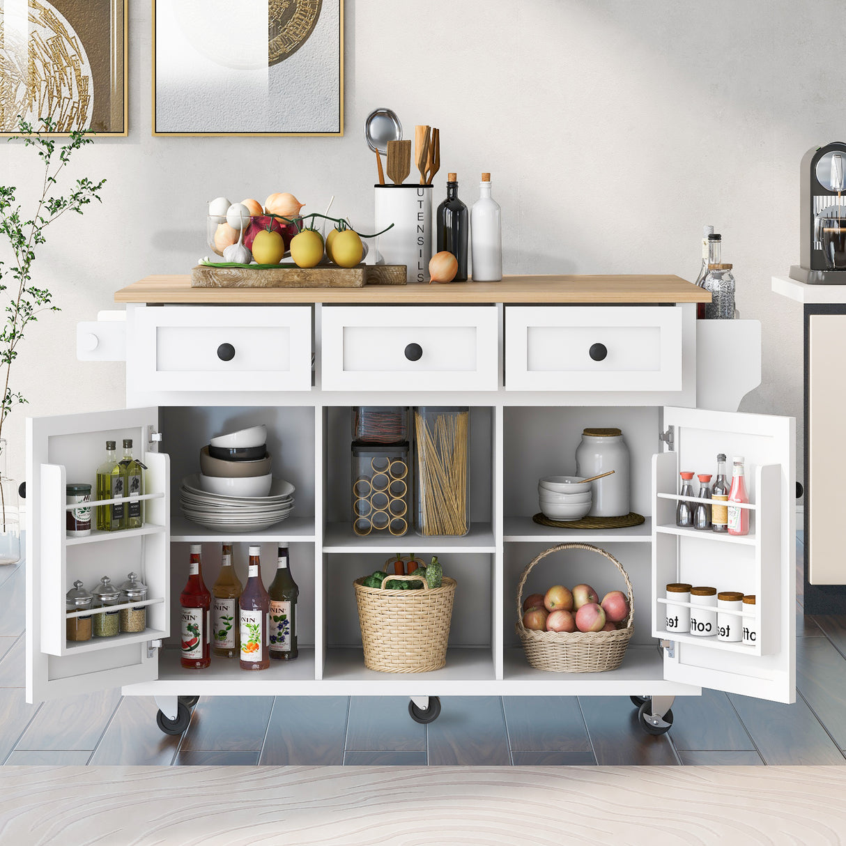 Kitchen trolley with rubber wood leaf countertop, 5-wheel kitchen island, storage cabinet and 3 dining drawers, white - V.I.P Digital Presence