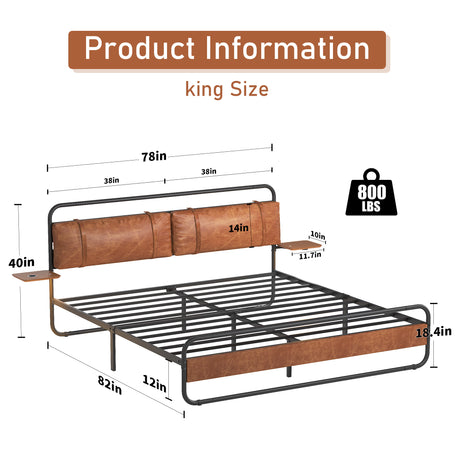 King Size Metal Bed Frame with Upholstered Headboard, with wireless charging and USB A & USB C, Touch LED light Vintage Brown - V.I.P Digital Presence