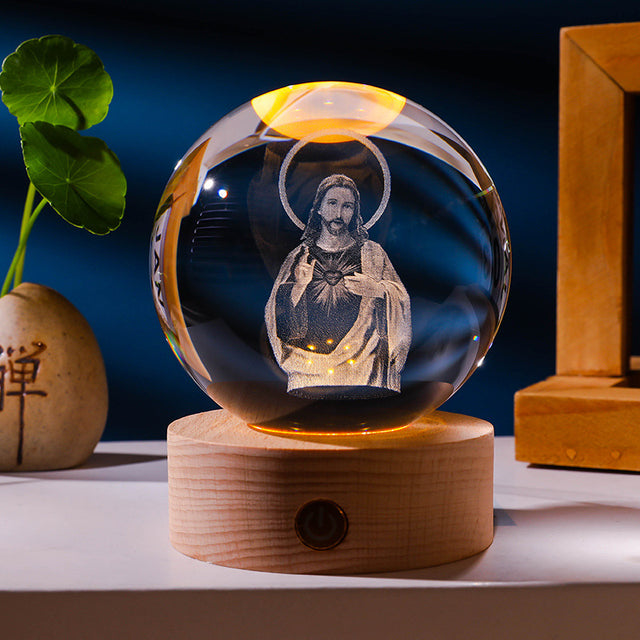 Luminous crystal ball with carved Jesus solid wood base for home decoration - V.I.P Digital Presence
