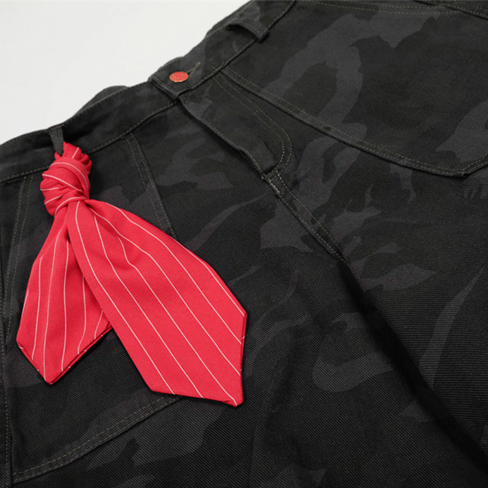 American Retro Camouflage Denim Seven-Quarter Shorts for Men, Loose Wide-Leg Multi-Pocket Design Workwear Five-Quarter Pants Trendy - V.I.P Digital Presence