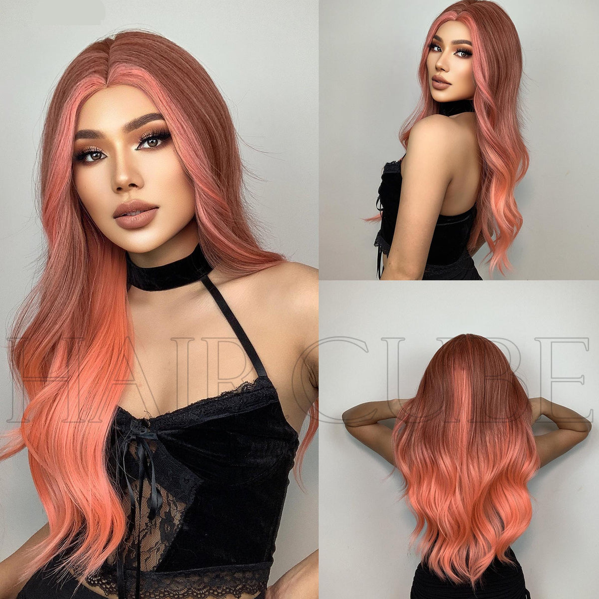 Long Curly Hair 24inch Women's Wig Set In The Middle Part Orange Pink - V.I.P Digital Presence