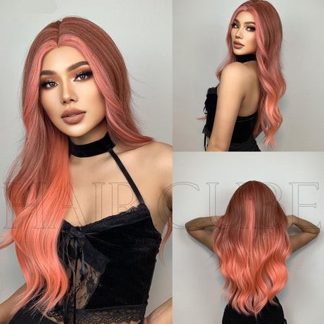Long Curly Hair 24inch Women's Wig Set In The Middle Part Orange Pink - V.I.P Digital Presence