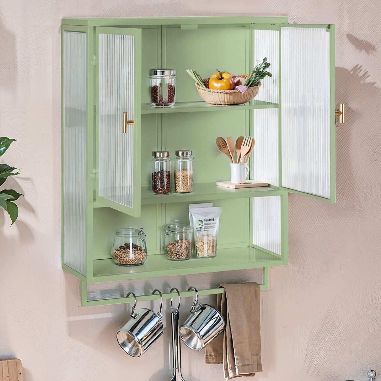 23.62"Glass Doors Modern Two-door Wall Cabinet with Featuring Two-tier Enclosed Storage Green