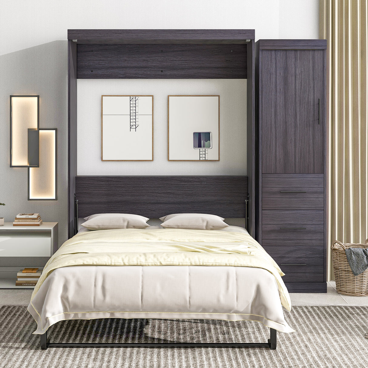 Full Size Murphy Bed with Wardrobe and Drawers, Storage Bed, can be Folded into a Cabinet, Gray - V.I.P Digital Presence