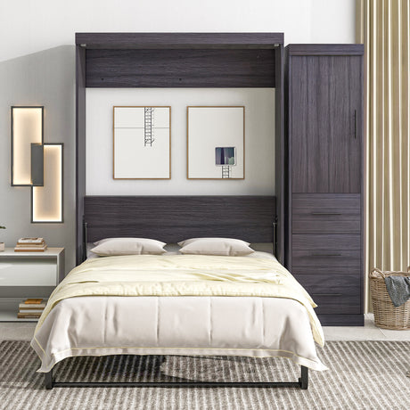 Full Size Murphy Bed with Wardrobe and Drawers, Storage Bed, can be Folded into a Cabinet, Gray - V.I.P Digital Presence
