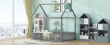 Full Size Wood House Bed with Fence and Door, Gray - V.I.P Digital Presence