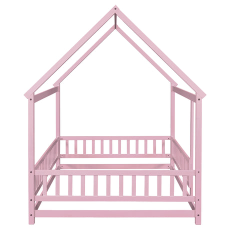 Full Size Floor Wooden Bed with House Roof Frame, Fence Guardrails ,Pink - V.I.P Digital Presence