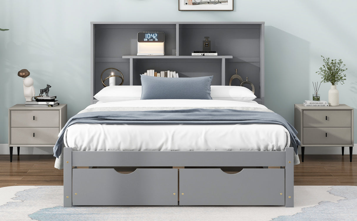 Full Size Platform Bed with Storage Headboard and 2 Drawers, Gray - V.I.P Digital Presence