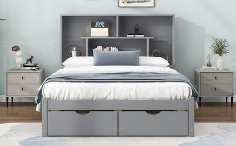 Full Size Platform Bed with Storage Headboard and 2 Drawers, Gray - V.I.P Digital Presence