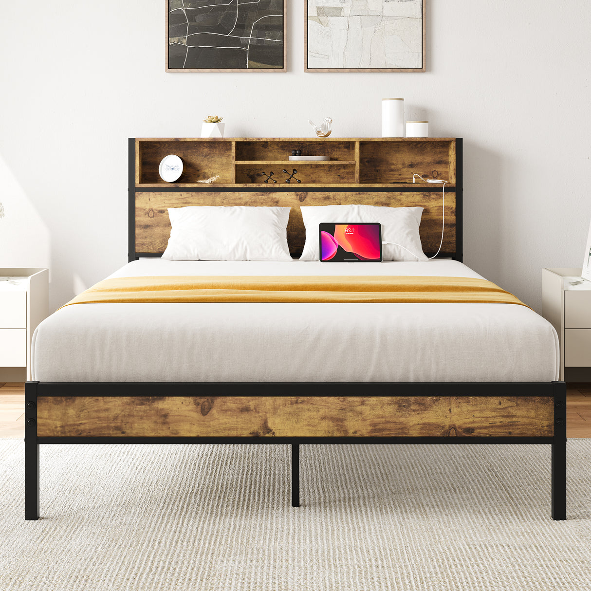 Full Size Bed Frame with Storage Headboard Metal Platform Bed with Charging Station Black - V.I.P Digital Presence