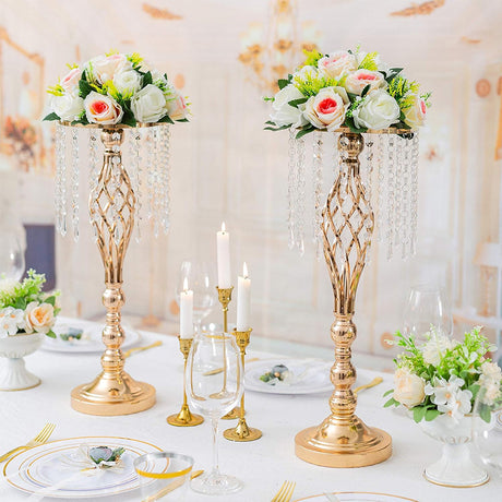 Wrought Iron Metal Flower Stand with Crystal Acrylic Beads Hanging Flower Arrangement, Gold-Plated Decoration for Wedding Tables - V.I.P Digital Presence