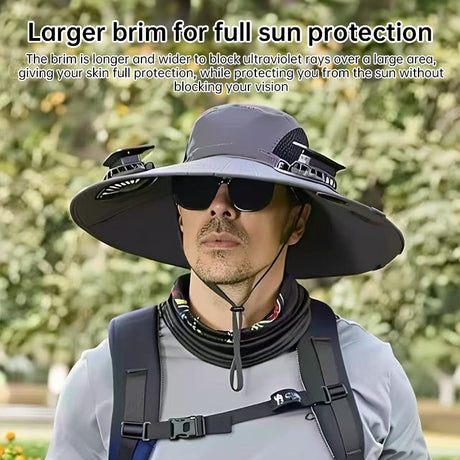 Solar fan hat: wide - brim bucket hat with 2 solar fans, men’s summer cap for outdoor fishing, camping, hiking. - V.I.P Digital Presence