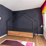 Twin Size Metal House Bed with Two Drawers, Black - V.I.P Digital Presence