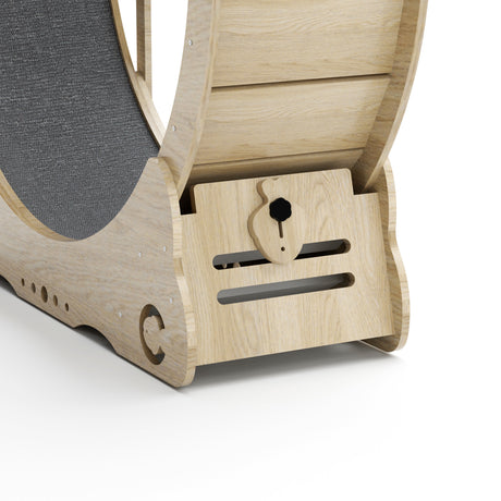 Indoor cat treadmill with carpet, tear device and latch natural wood, 39.4 inches long x 13.2 inches wide x 41.3 inches high - V.I.P Digital Presence