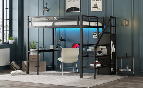 Full sized loft bed with L-shaped desk and USB, metal loft bed with wardrobe and adjustable shelf, black color - V.I.P Digital Presence