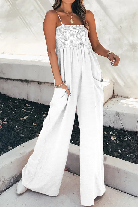 Smocked Spaghetti Strap Wide Leg Jumpsuit - V.I.P Digital Presence