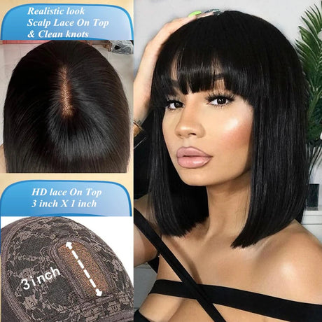 Middle Part 3X1 Hd Lace Wig Bone Straight Human Hair Wigs With Bangs Short Bob Wigs Full Machine Made Short Bob Human Hair Wigs - V.I.P Digital Presence