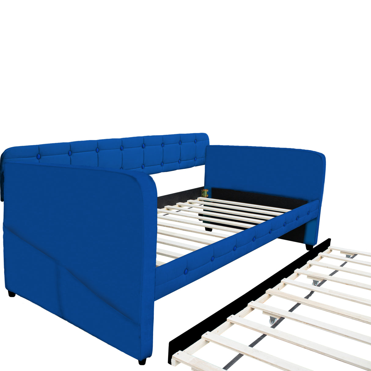 Blue padded twin beds with wheels, velvet fabric, no need for springs - V.I.P Digital Presence