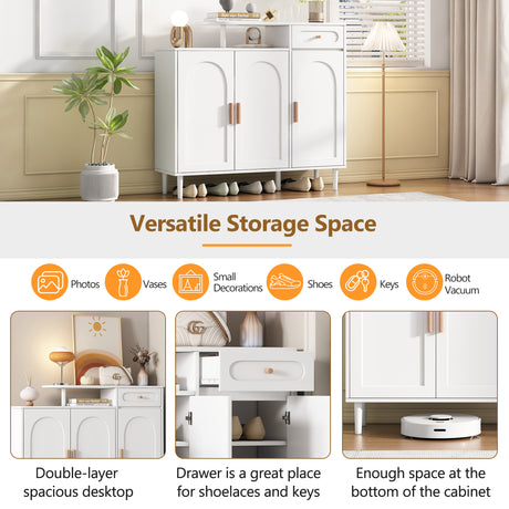 ON-TRANS Elegant Shoe Cabinet with Arched Doors and Drawers, Storage Side Panels, Adjustable Shelves and Solid Wood Legs, White - V.I.P Digital Presence