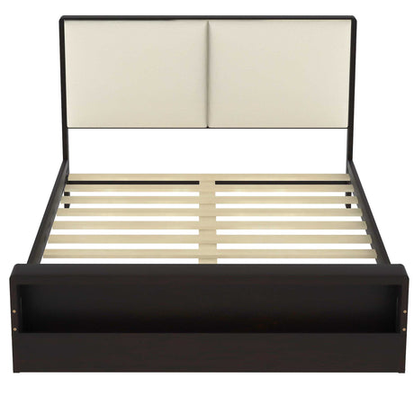Queen Size Platform Bed Frame with Upholstery Headboard and Bookshelf in Footboard and LED Light Strips, Espresso - V.I.P Digital Presence