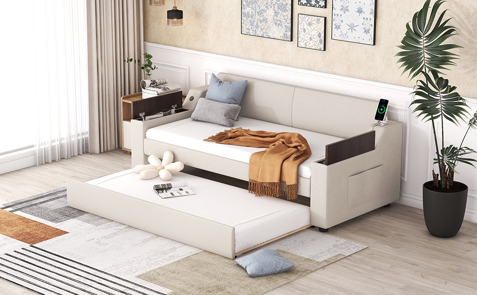 Twin Size Upholstery Daybed with Storage Arms  Trundle and USB Design Beige