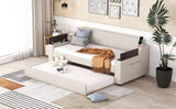 Twin Size Upholstery Daybed with Storage Arms  Trundle and USB Design Beige