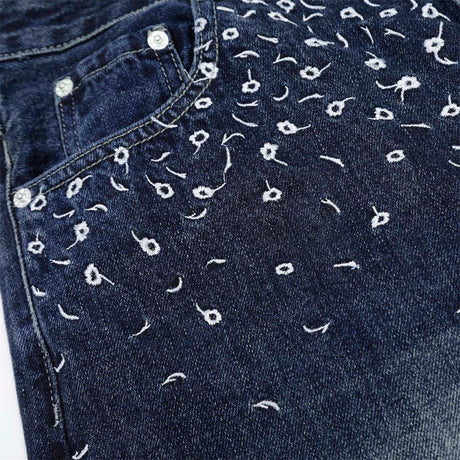 Street Design Floral Embroidered Denim Wide-Leg Long Pants Men's Vibe Trendy Washed Distressed Straight Leg Trousers - V.I.P Digital Presence