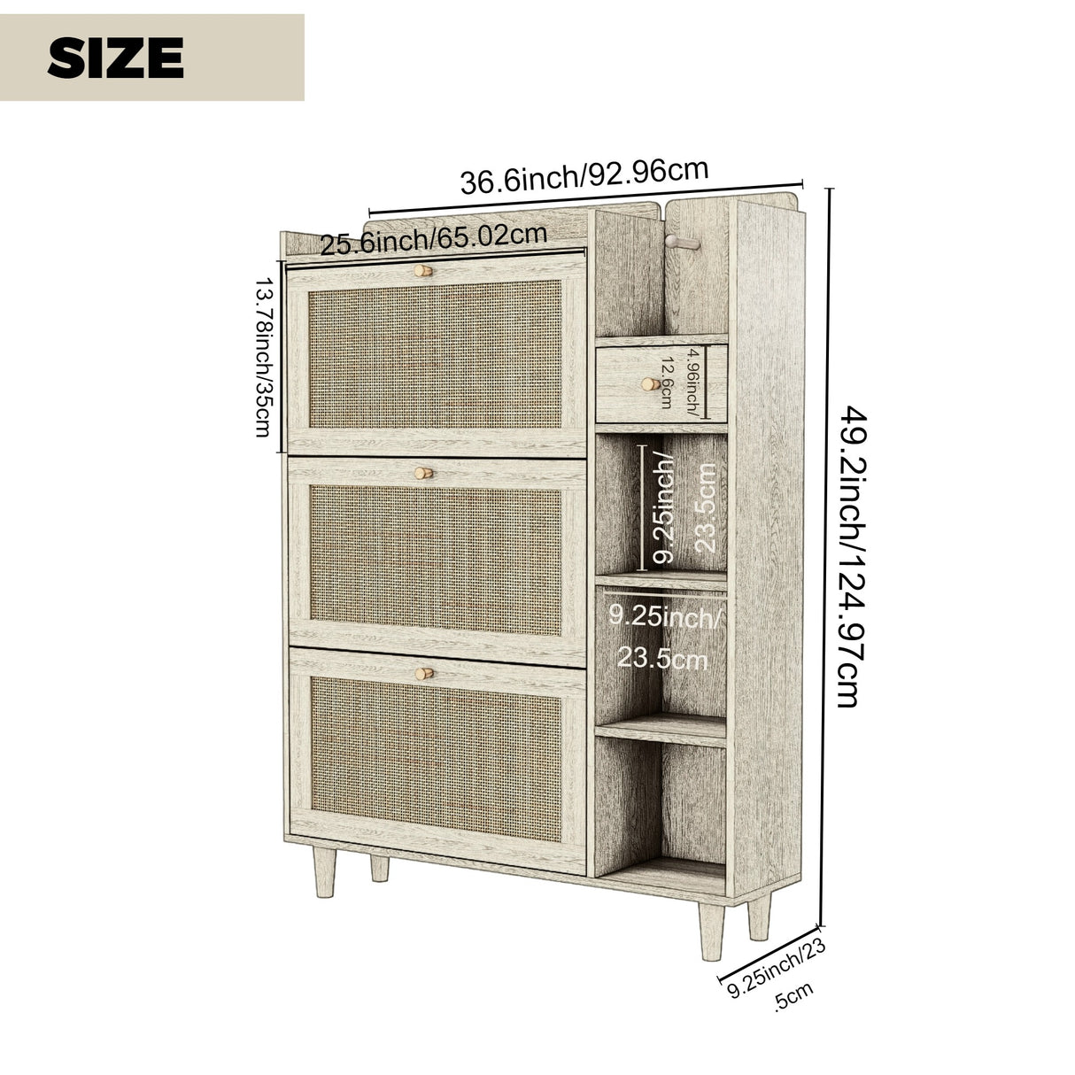 Natural Bohemian style shoe cabinet with 3 rattan flip drawers, 3 square shelves, and 1 storage drawer, white - V.I.P Digital Presence