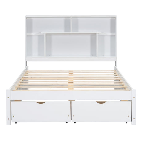 Full Size Platform Bed with Storage Headboard and 2 Drawers, White - V.I.P Digital Presence