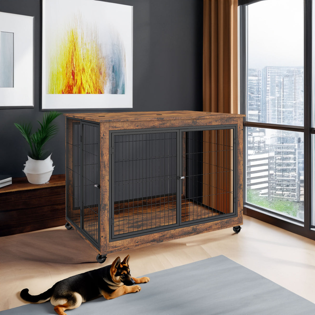 Furniture Style Dog Crate Side Table on Wheels with Double Doors and Lift Top. Rustic Brown, 43.7'' W x 30'' D x 31.1'' H. - V.I.P Digital Presence
