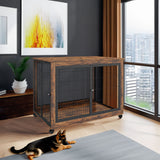Furniture Style Dog Crate Side Table on Wheels with Double Doors and Lift Top. Rustic Brown, 43.7'' W x 30'' D x 31.1'' H. - V.I.P Digital Presence