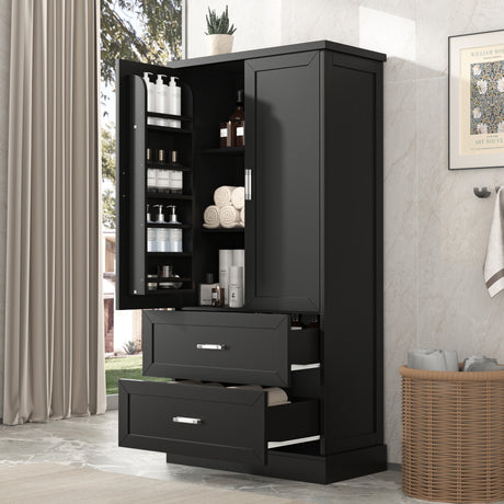 Tall Bathroom Storage Cabinet, Cabinet with Two Doors and Drawers, Adjustable Shelf, MDF Board, Black - V.I.P Digital Presence