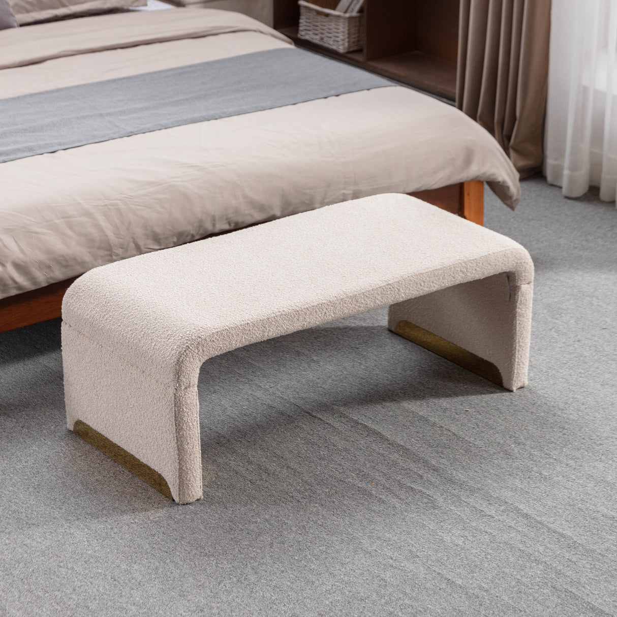 New Boucle Fabric Loveseat Ottoman Footstool Bedroom Bench Shoe Bench With Gold Metal Legs Beige