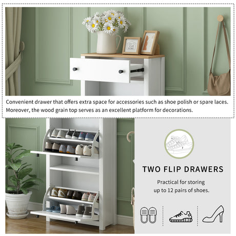 ONTREND with 2 flip drawers, top shoe cabinet with drawers, independent shoe rack with adjustable panel, white - V.I.P Digital Presence