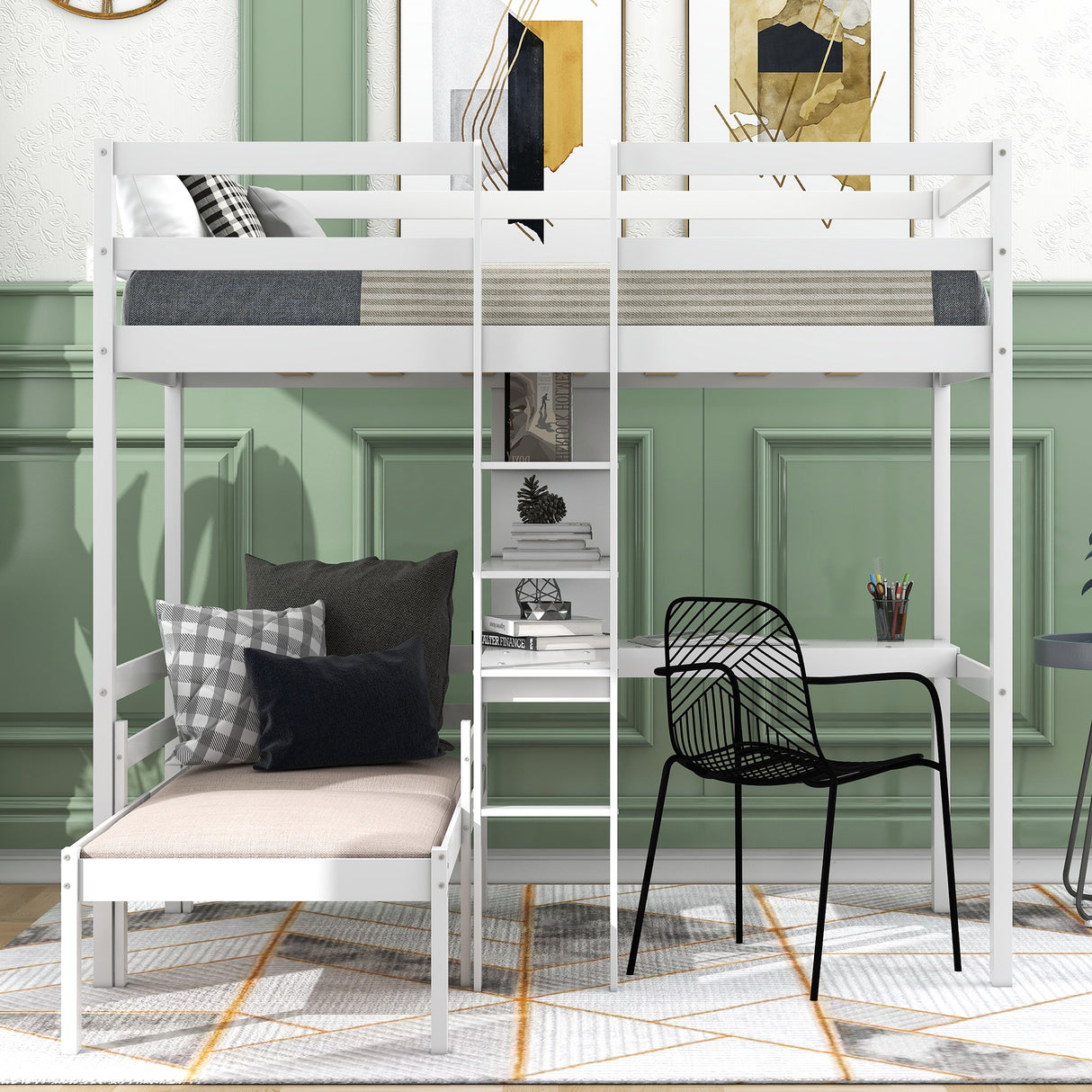 Convertible Loft Bed with L-Shape Desk, Twin Bunk Bed with Shelves and Ladder White