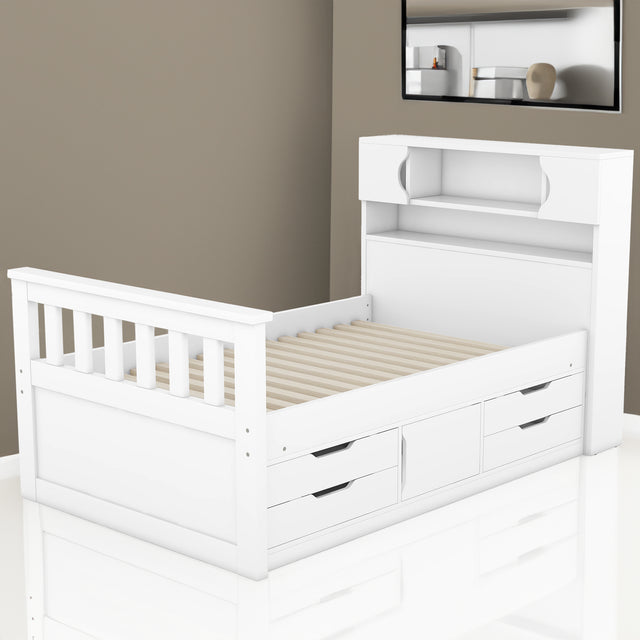 Twin Size Captain Platform Bed Frame with Storage Bookcases and Shelves,Four Drawers,White - V.I.P Digital Presence