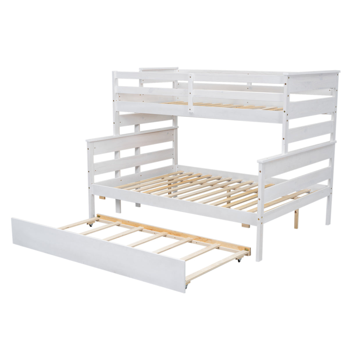 Wood Twin over Full Bunk Bed with Twin Size Trundle  White