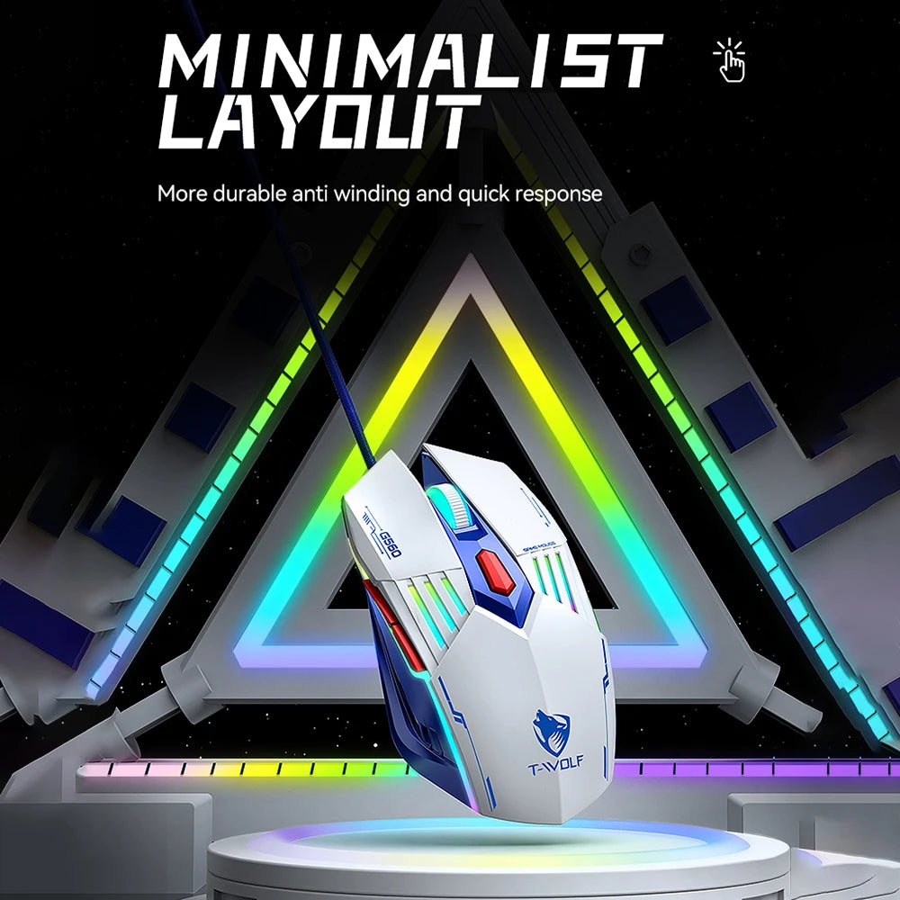 T-WOLF TF610 Keyboard and Mouse Game Keyboard and Mouse Set Mech Style Wired Esports Double Color White and Blue - V.I.P Digital Presence