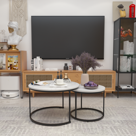 A set of nested 27.6-inch circular coffee tables with a wooden marble patterned tabletop and a sturdy metal frame (white) - V.I.P Digital Presence