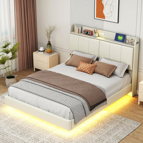 Large floating bed frame with storage headboard, touch sensor, night light and USB charger, padded platform bed, beige color - V.I.P Digital Presence