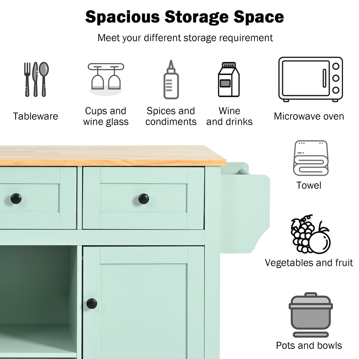 Kitchen trolley, cabinet door internal storage rack with storage cabinet and 3 dining room drawers, mint green - V.I.P Digital Presence
