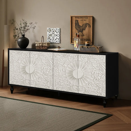 Vintage White Large Faceted Carved And Spliced Doors Combined With Black Frames For TV Stand Table,Sideboards, Accent Cabinets - V.I.P Digital Presence
